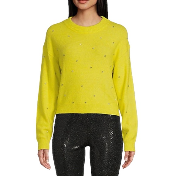 Chelsea & Violet Neon Yellow Rhinestone Sweater NWT XXL Drop Shoulder Crew Neck - Picture 1 of 5